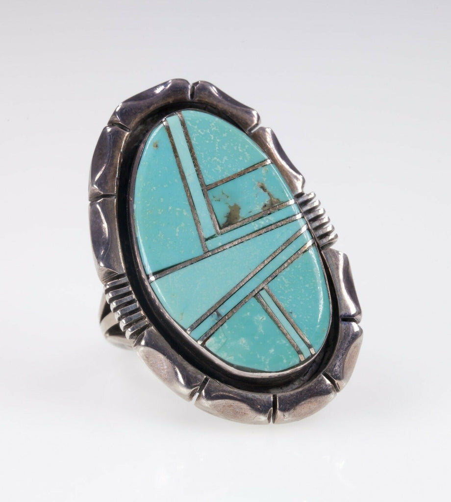 Exquisite Fred Maloney Turquoise Inlay Sterling Silver Ring SZ: 7.50