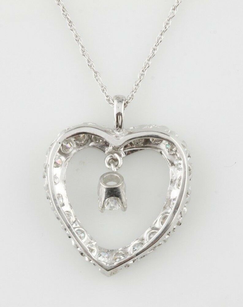 Diamond Heart Pendant Center Drop 1.55 Carat Diamond 14k White Gold Necklace