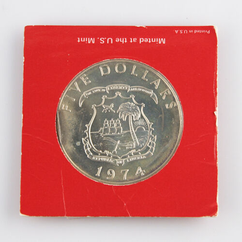 1974 Liberia $5 Dollar Coin (Proof, PF) 0.900 Silver Bull Elephant Five KM-29