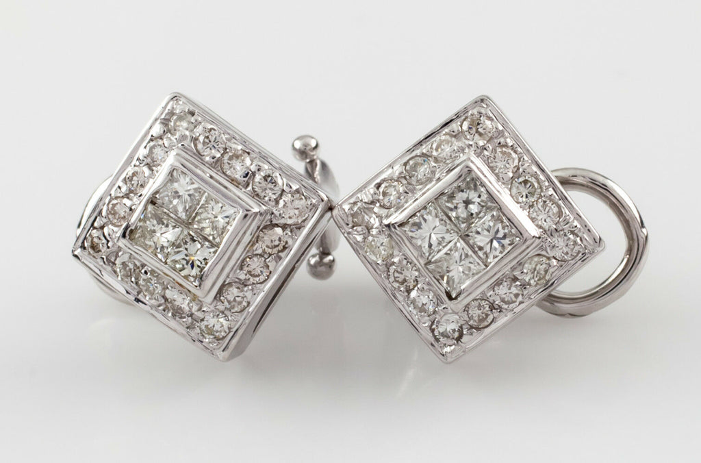 1.80 carat Diamond 18k White Gold Plaque Earrings w/ Omega Backs