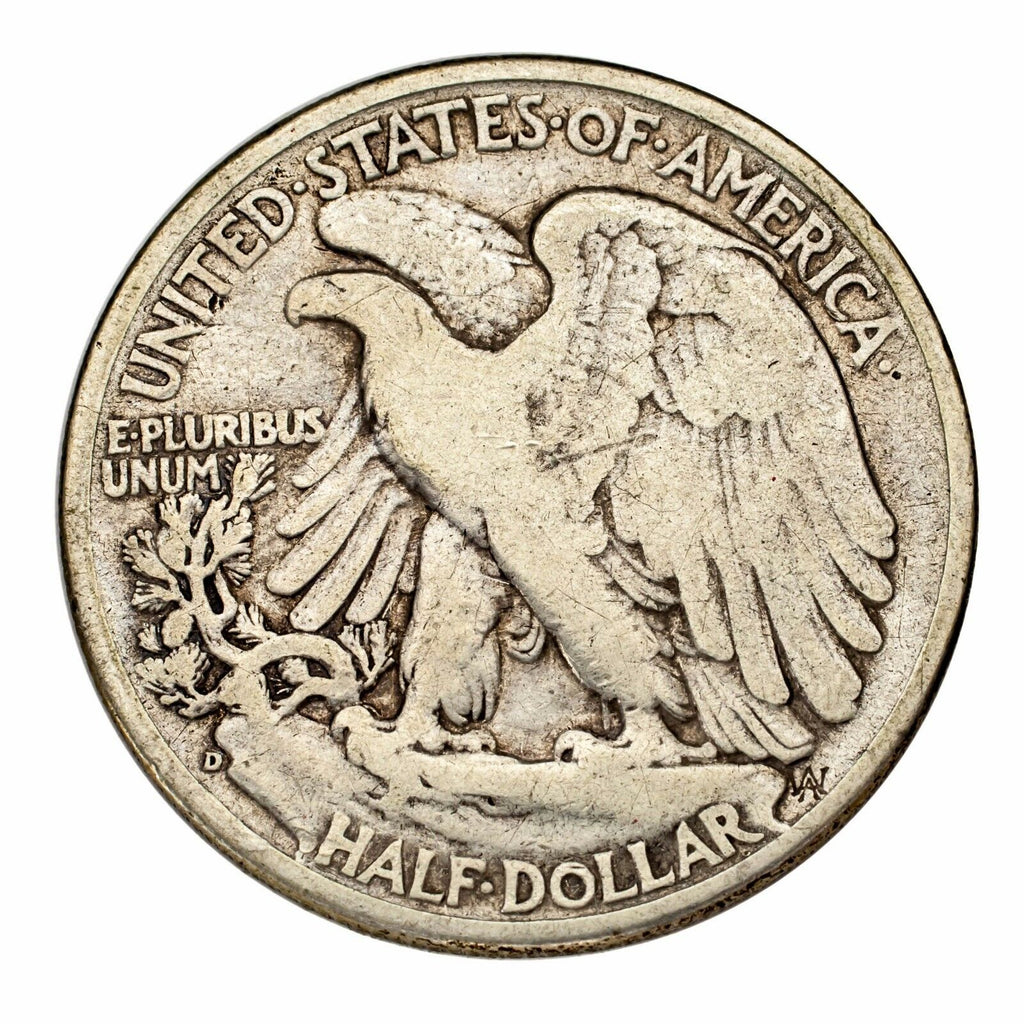 1938-D Silver Walking Liberty Half Dollar 50C (Very Good, VG Condition)