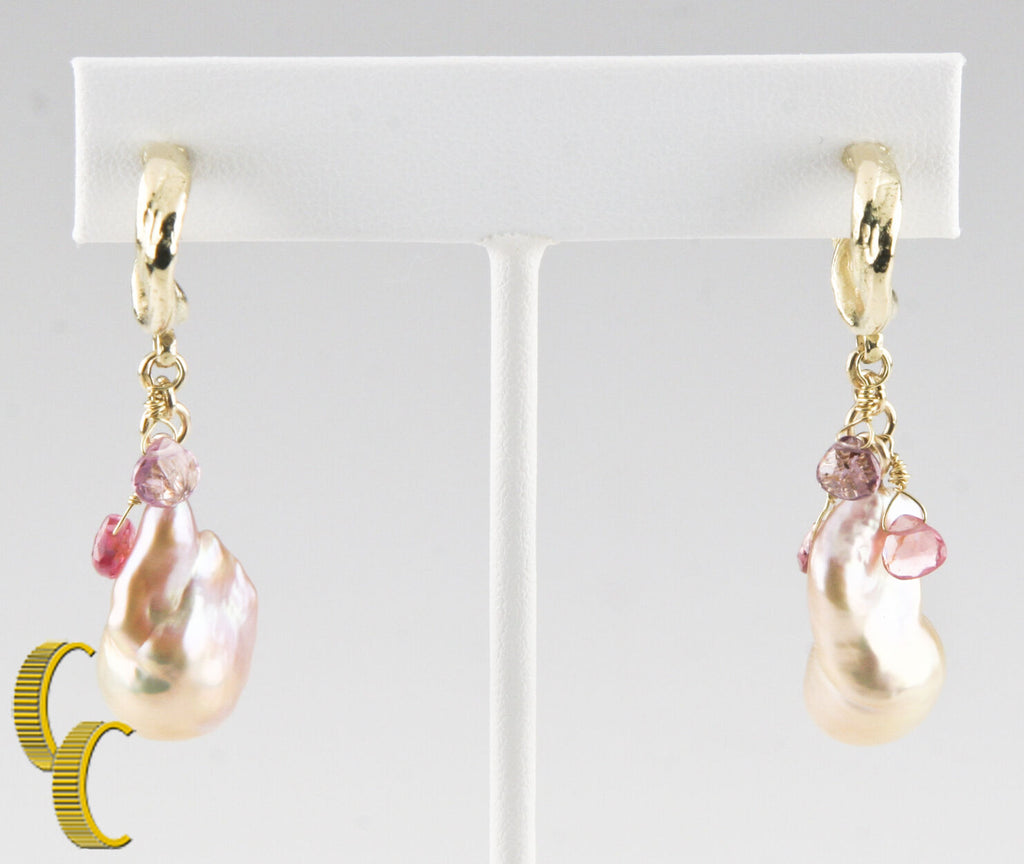 Baroque Pearl and Briolette Gemstone 14k Yellow Gold Dangle Earrings