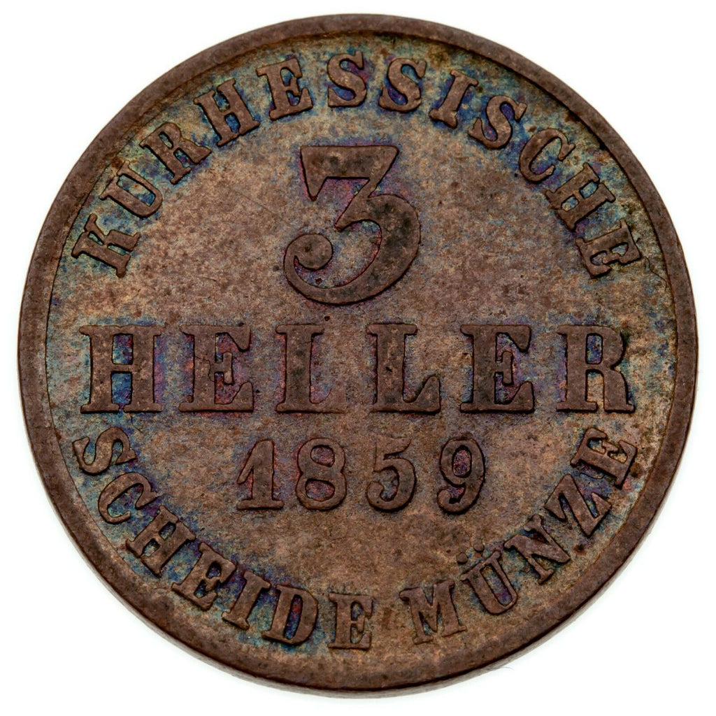1859 German States Hesse-Cassel 3 Heller in AU Condition KM #612