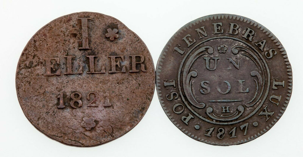 Lot of 2 Coins 1821 German States Frankfurt Heller and 1817-H Geneva 1 Sol VF-XF