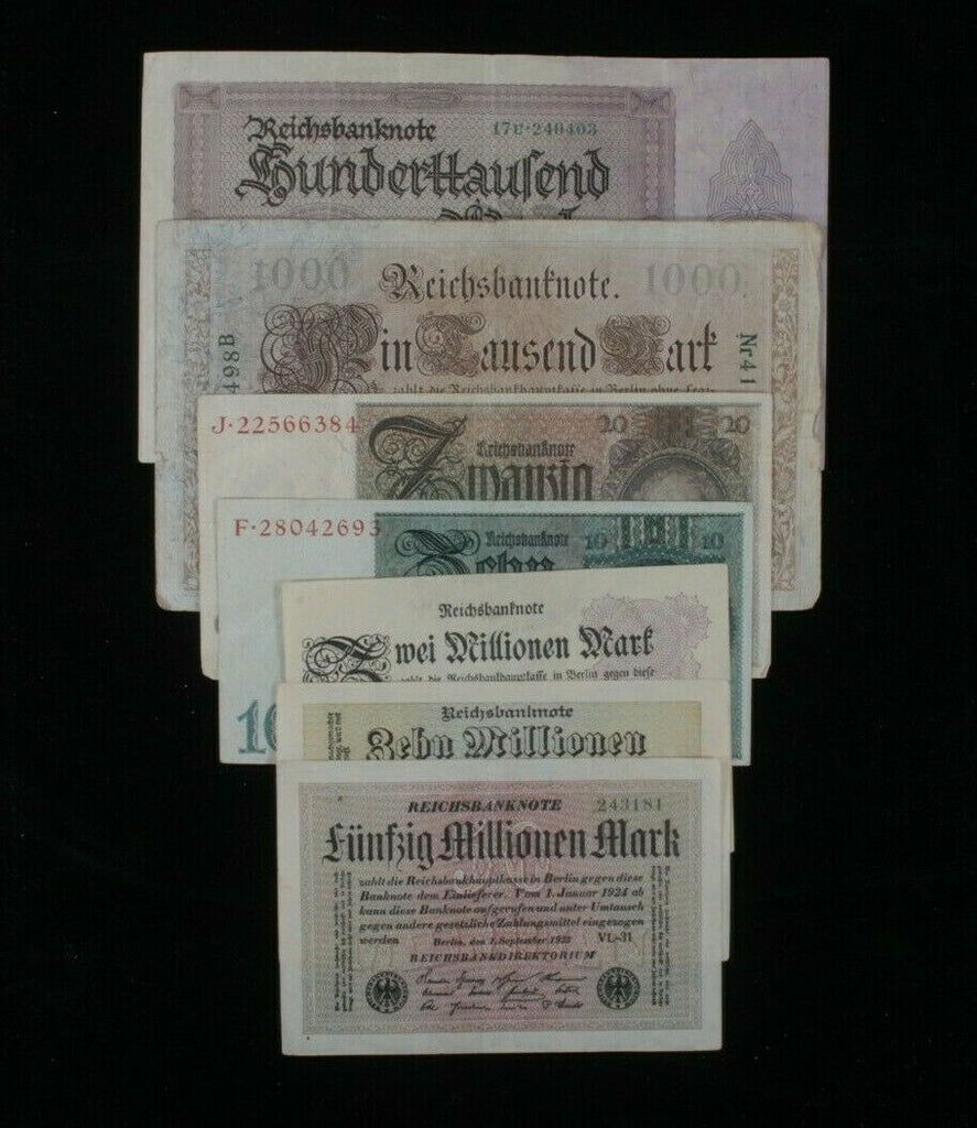 1910-1929 Germany 7-Notes Set // 10 Mark to 10 Million Mark // Empire & Weimar