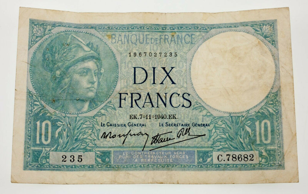 Lot of 2 France Notes (1940 10 Francs and 1971 10 Francs) in VF Condition