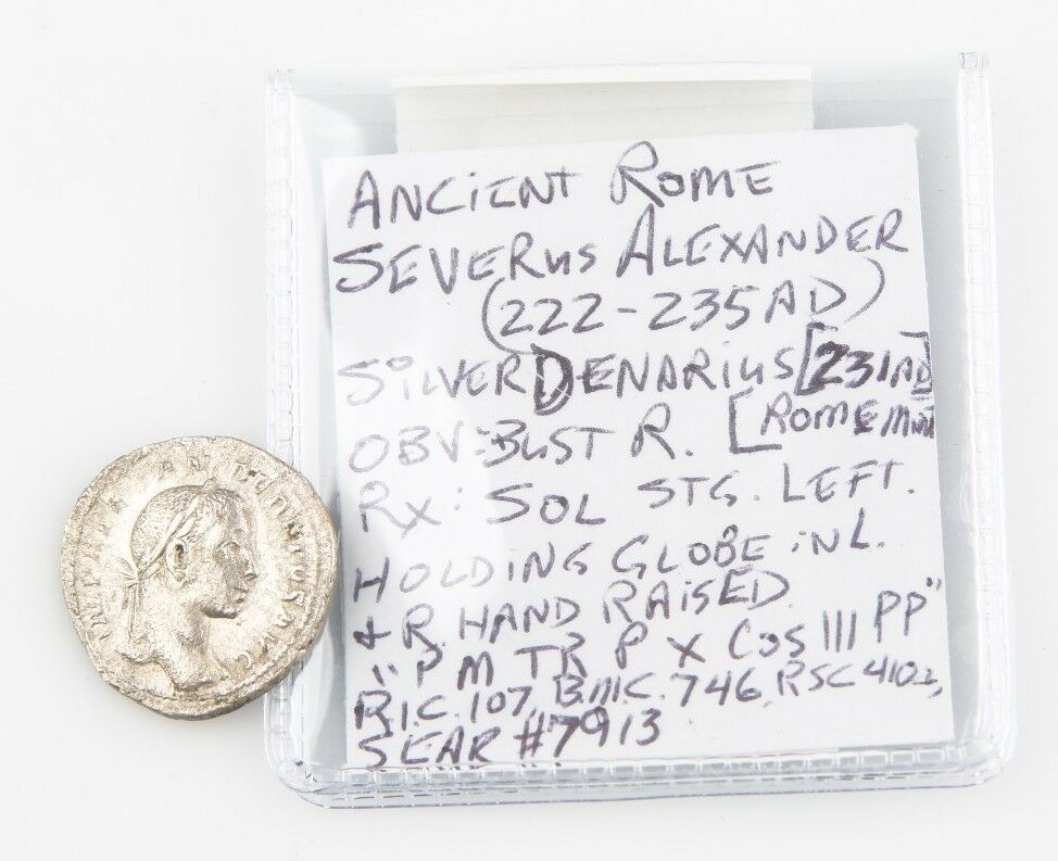 231 AD Roman AR Denarius Silver Coin aXF Severus Alexander Sol Rome Mint S-7913