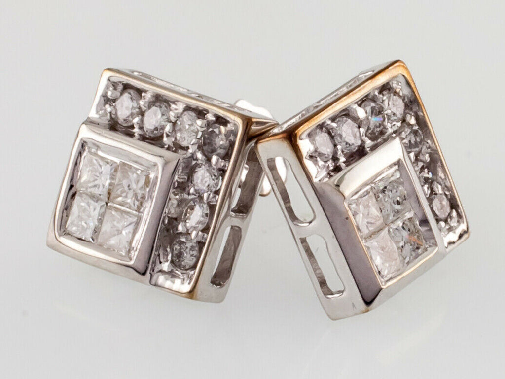 14k White Gold Diamond Plaque Stud Earrings w/ Butterfly Backs TDW = .80 ct