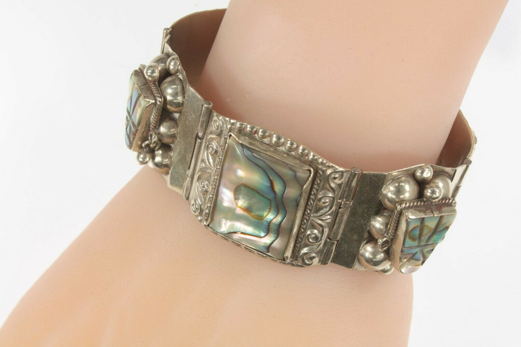 Gorgeous Sterling Silver Abalone Warrior Bracelet Made in Taxco Mexico