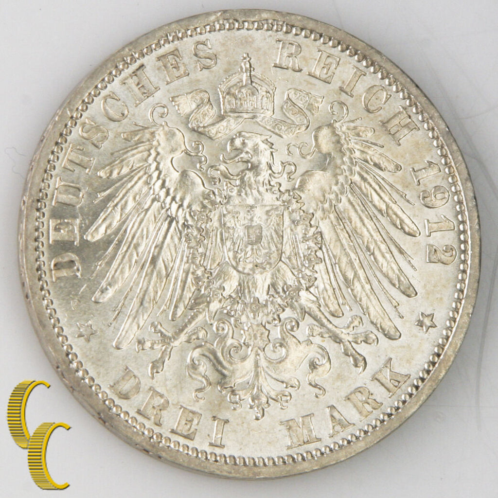 1912-A German States Prussia 3 Mark (Brilliant Uncirculated BU) Berlin KM#527