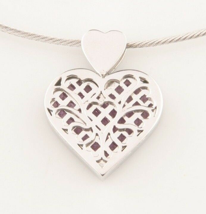 Diamond & Pink Sapphire Heart 14k White Gold Pendant w/ Wire Chain