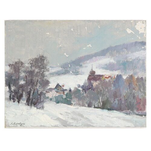 Untitled (Winter Scene) by Joseph Kapelyan Oil on Canvas 12.5" x 16.5" Signed