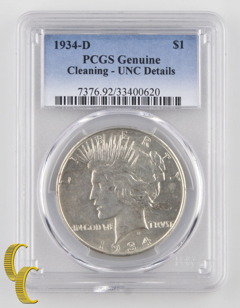 1934-D $1 Peace Dollar Graded by PCGS as Genuine Cleaning - UNC Details! Great!