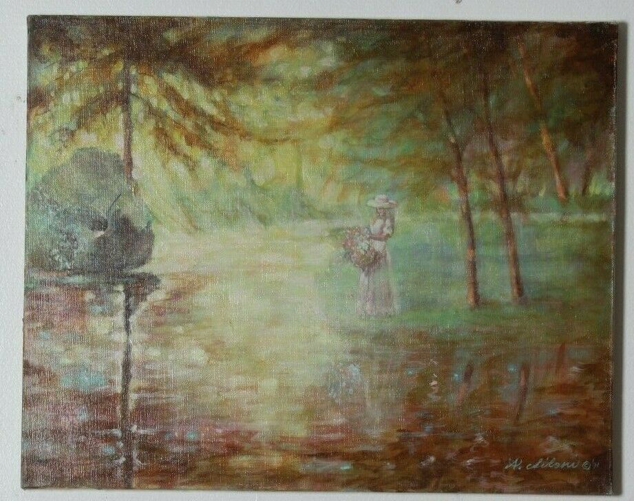 Untilted Oil on Canvas Anthony Sidoni Lady with Flowers by Lake 1991