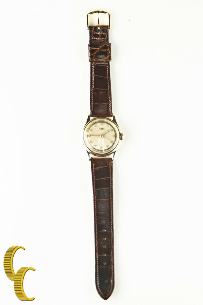 14k Yellow Gold Vintage Ebel Hand-Winding Watch Brown Leather Band Round Dial
