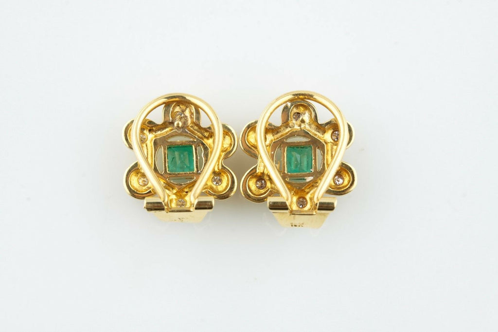 18k Yellow Gold Emerald and Diamond Flower Earrings