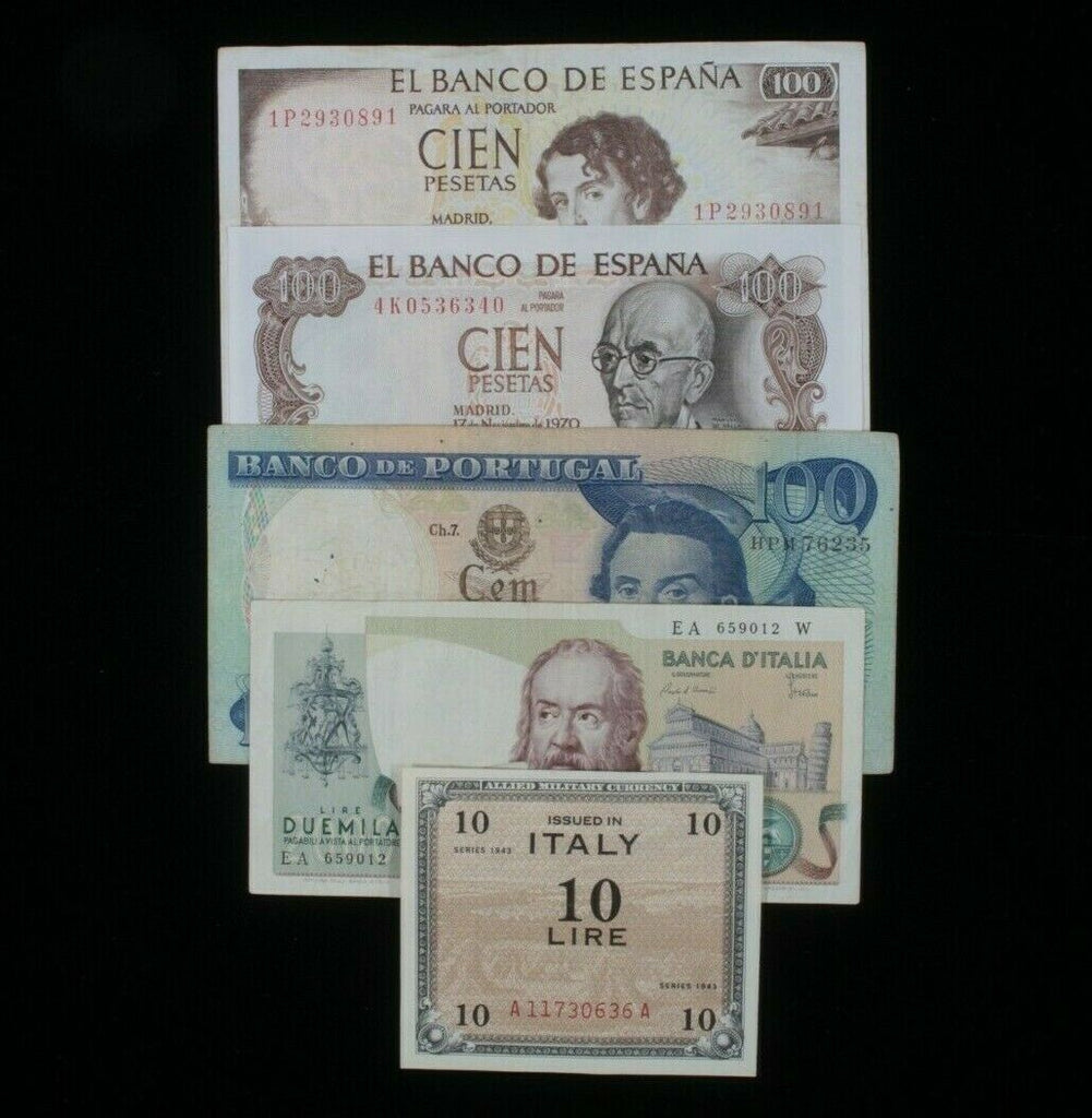 Southern Europe 5-Notes Lot // Spain Peseta, Portugal Escudo & Italy Lira