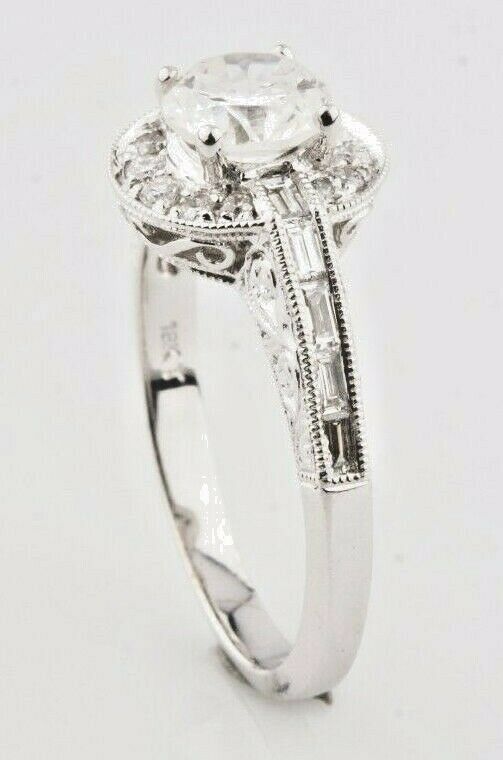 1.40 Carat Round Diamond Halo 18k White Gold Engagement Ring Size 6.5