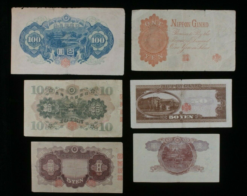 Japan 6-Notes Currency Set // 1916-1943 Imperial & 1946-1951 Modern Japanese Yen
