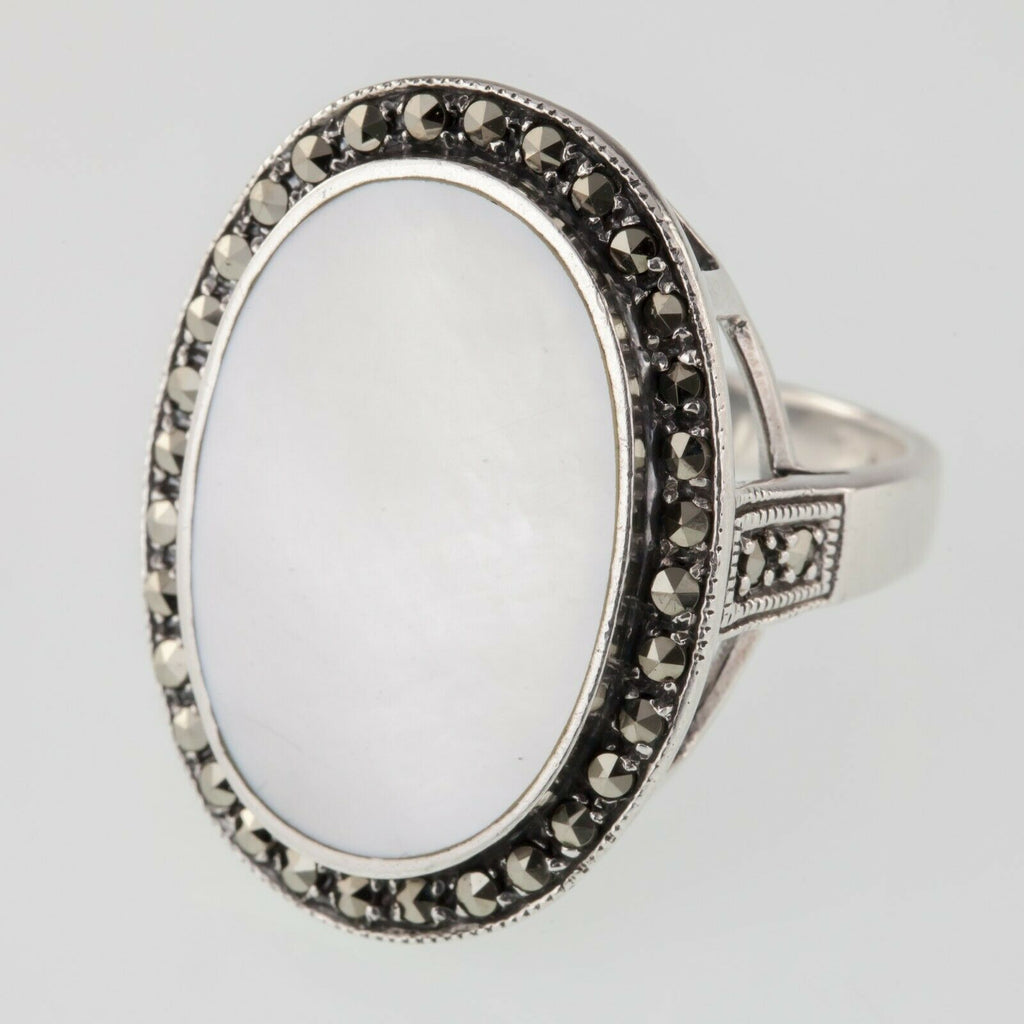 Large Mother of Pearl Sterling Silver Marcasite Ring Size 10.25