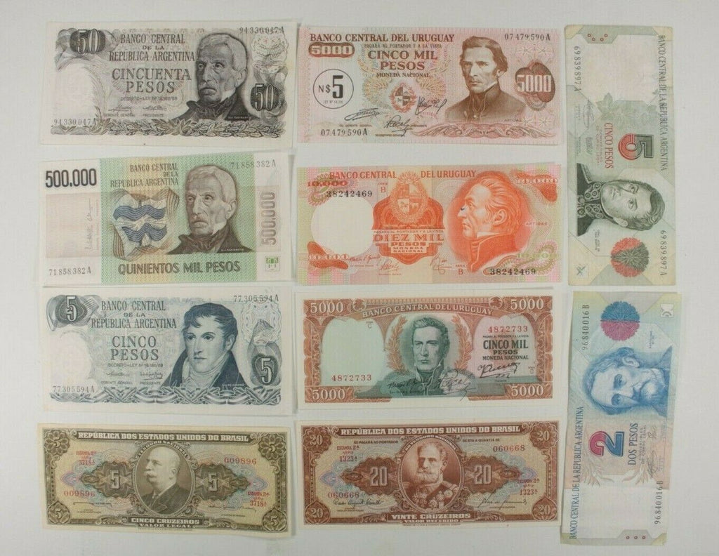 South American Nations 10-Notes Lot // Argentina, Brazil & Uruguay