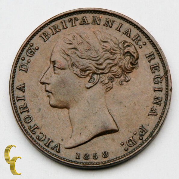 1858 Jersey 1/26 Shilling Copper Coin in AU, KM# 2