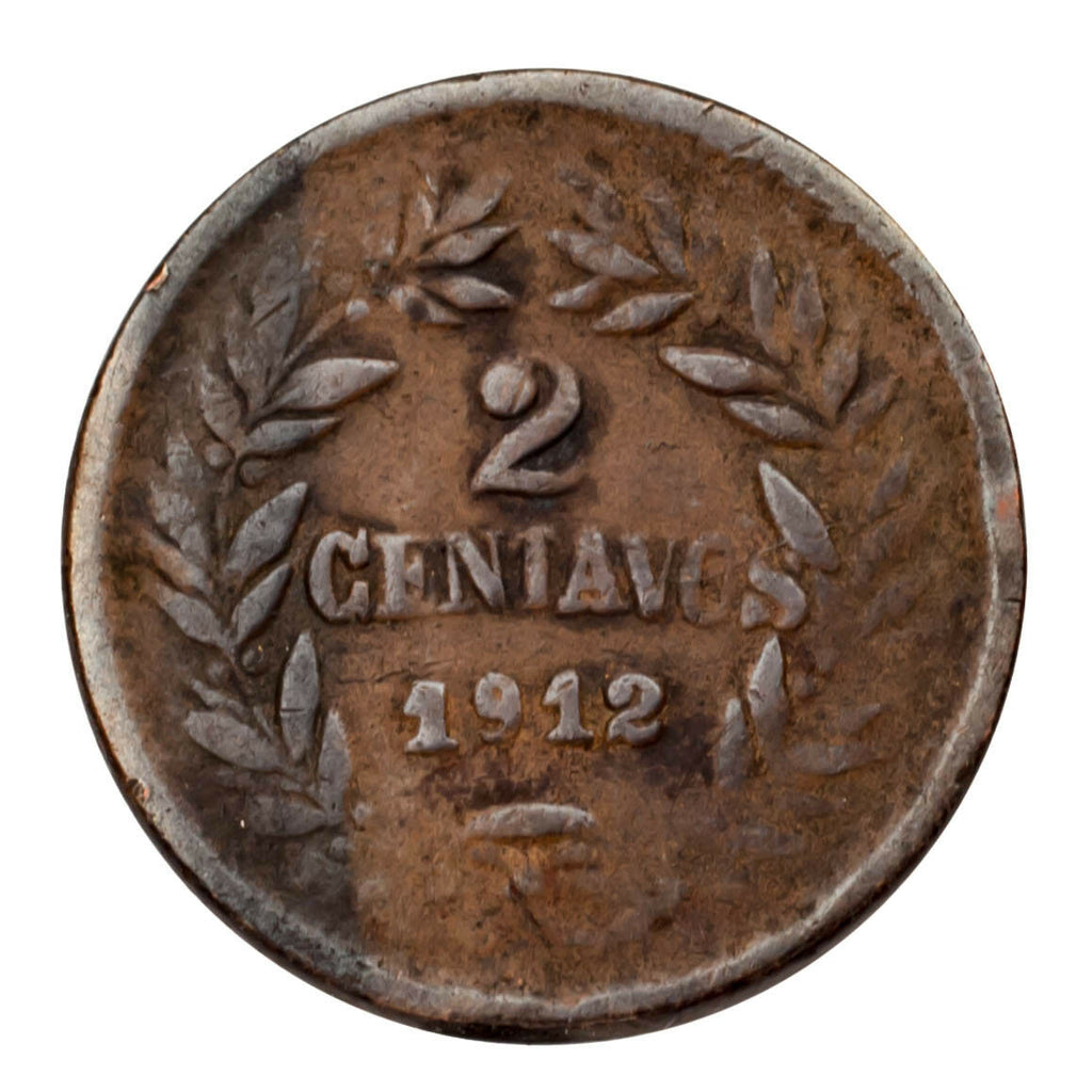 1912 Honduras 2 Centavos Bronze Coin KM #69 Very Fine Condition