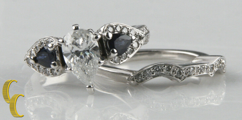 2.00 carat Diamond & Sapphire 18k White Gold Wedding Ring Set Size 7.25