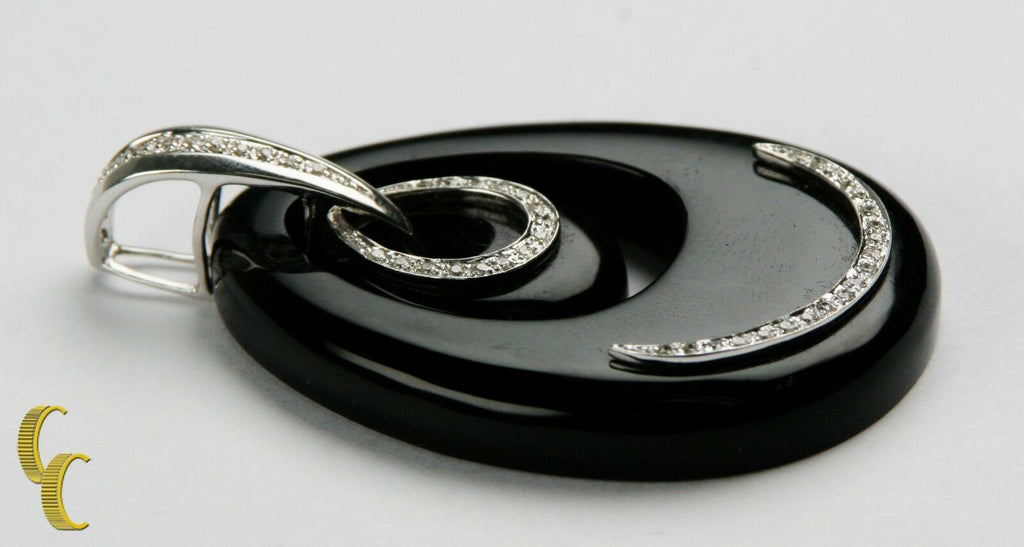 Women's 18k White Gold Oval Shaped Black Onyx & Diamond Pendant