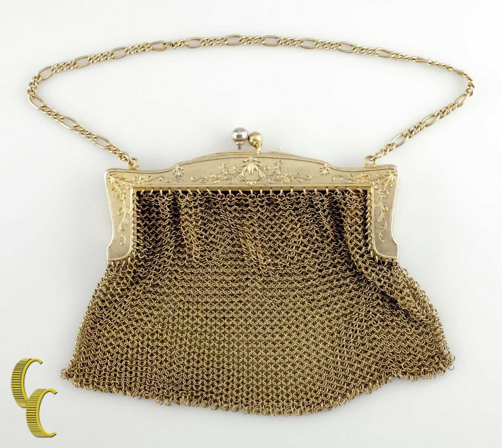 Vintage Gold-Tone Sterling Silver Mesh Chain Mail Engraved Clutch