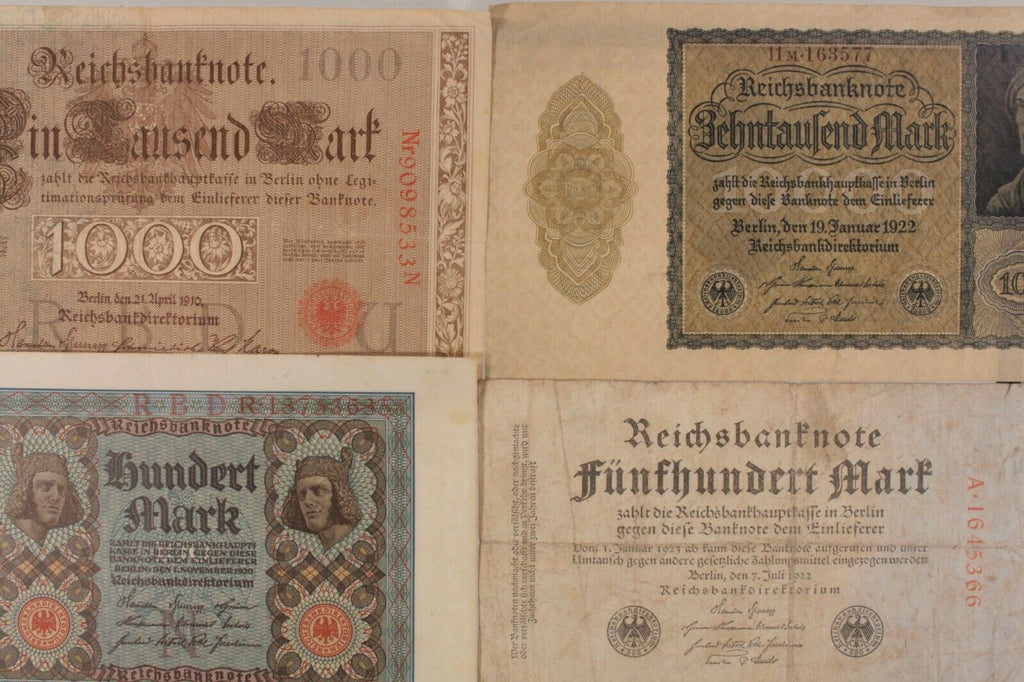 1910-1922 Germany 4-Notes Currency Set // 100 500 1000 10,000 Mark Bills