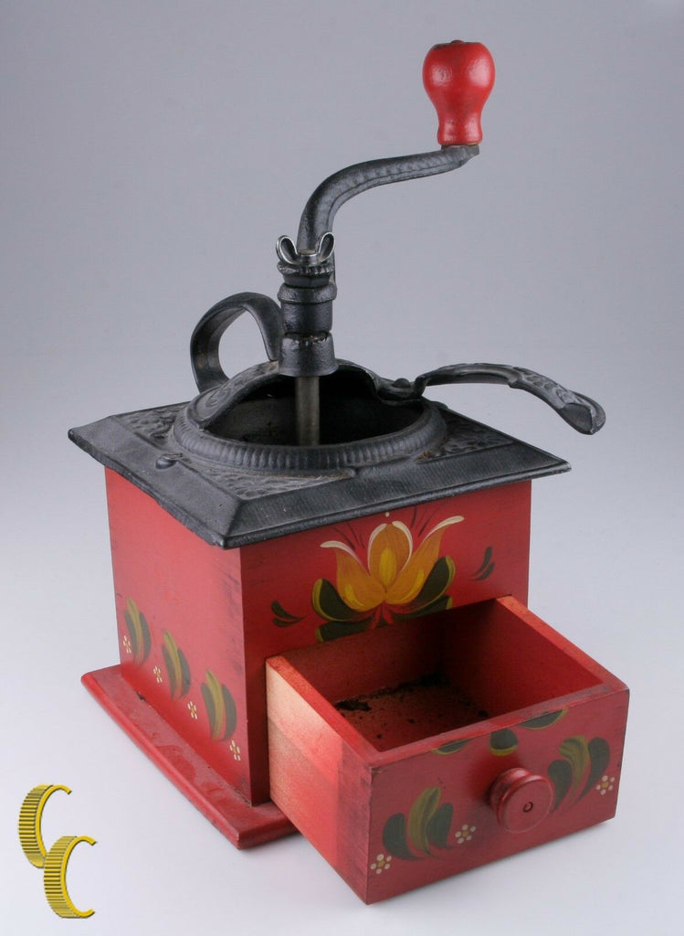 Vintage Hand Painted Wood/Cast Iron Coffee Grinder with Red Floral Design