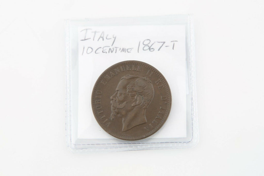1867-T BN Italy 10 Centesimi Coin AU Brown Italian Almost Uncirculated KM#13.2