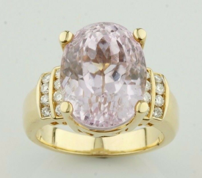 Kunzite Solitaire with Diamond Accents 18k Yellow Gold Ring Size 6.75