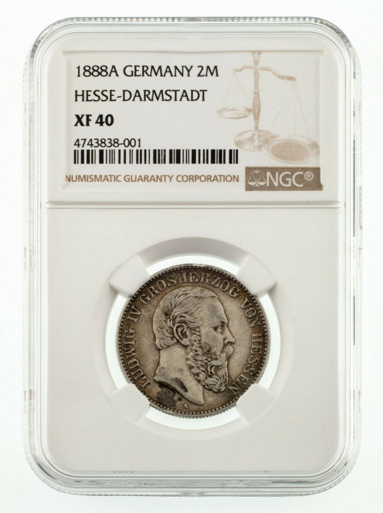 1888-A Germany Hesse-Darmstadt 2 Mark Silver Coin Graded by NGC as XF40
