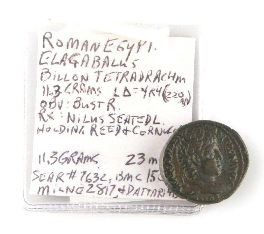220 AD Roman Egypt Billon Tetradrachm Coin Elagabalus Nilus S-7632 D-4130