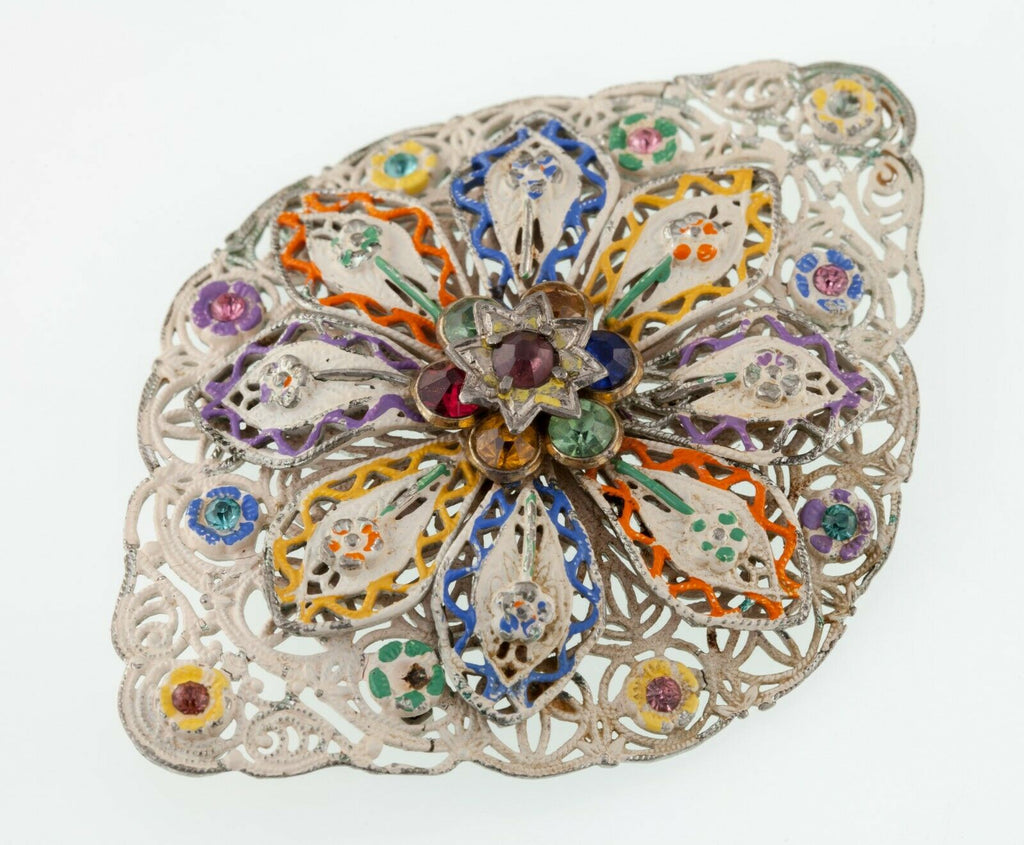 Gorgeous, Unique Sterling Silver Hand-Painted Filigree Rhinestone Brooch