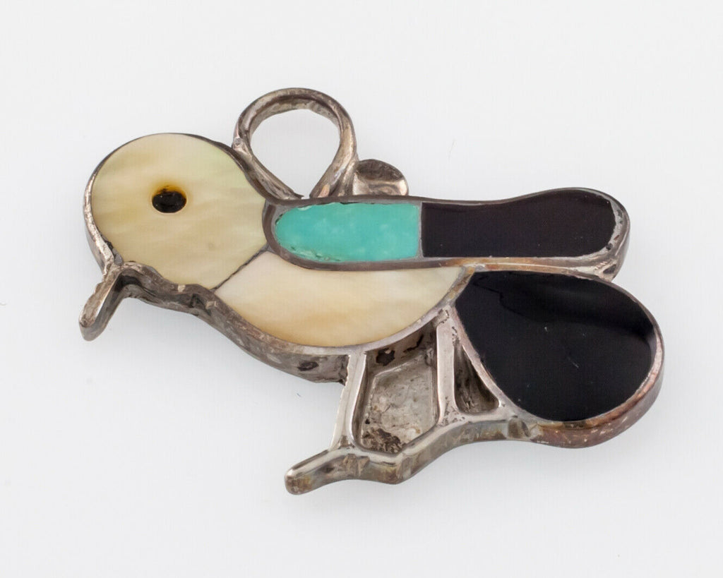 Vintage Zuni Bird w/ Multi Color Inlaid Sterling Silver Pendant