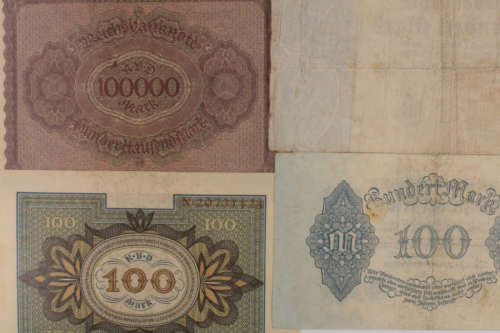 1920-1923 Germany 4-Notes Currency Set // Weimar Republic 100 500 & 100,000 Mark