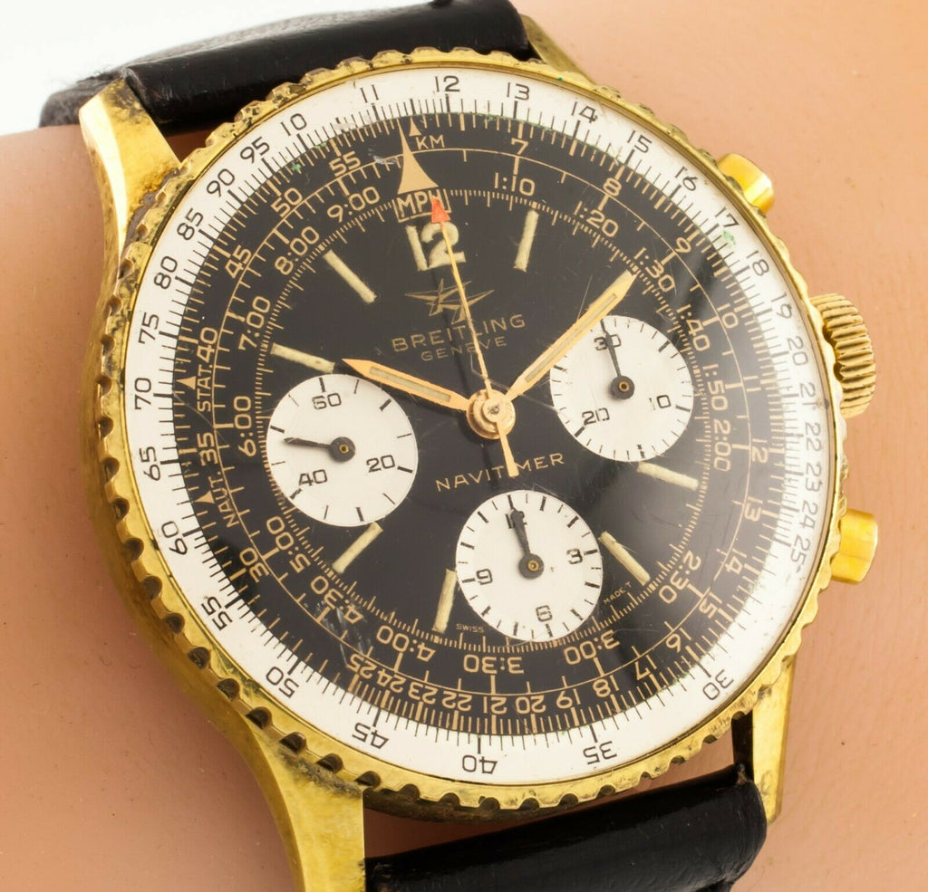 Vintage Gold-Plated Breitling Navitimer Chronograph Watch 806 w/ Box and Papers