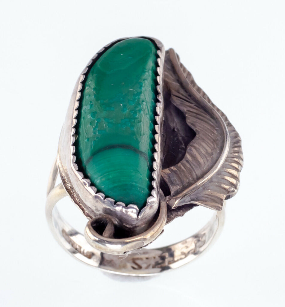 Sterling Silver Navajo Sisteks Ring with Malachite Stone Size 7.5