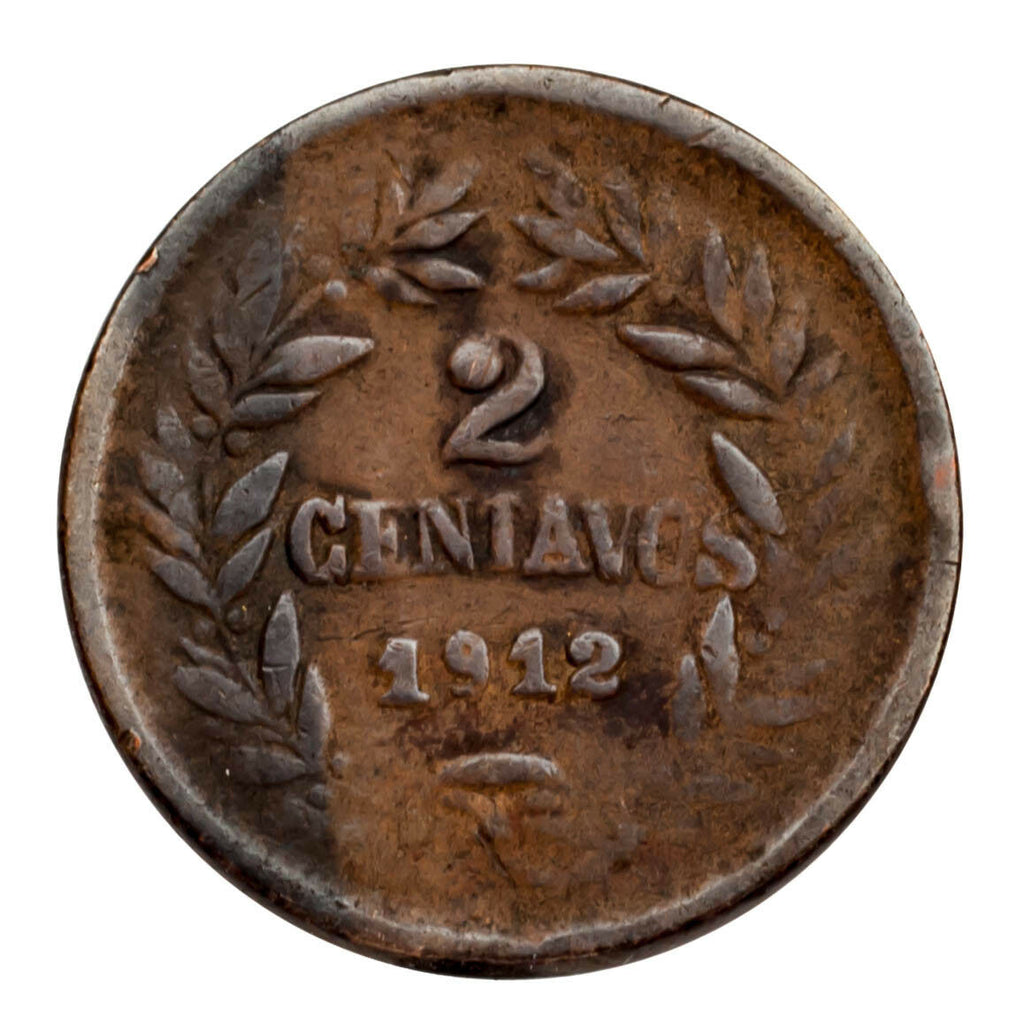 1912 Honduras 2 Centavos Bronze Coin KM #69 Very Fine Condition