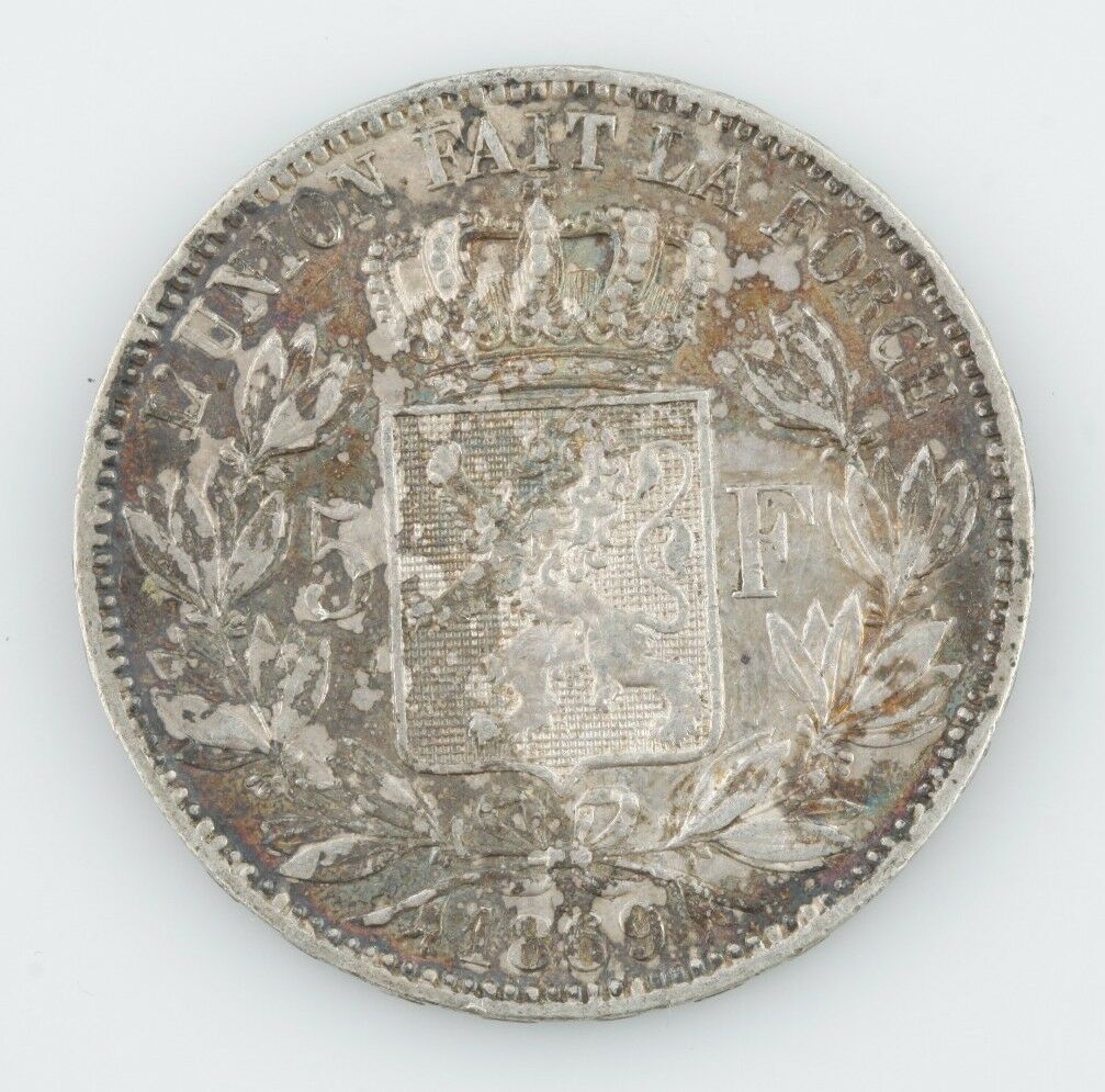 1869 Belgium 5 Francs Natural Toned, About Uncirculated  KM24