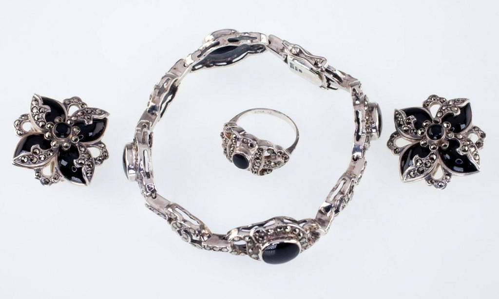 Gorgeous Sterling Silver Onyx and Hematite Jewelry Set Bracelet, Earrings, Ring
