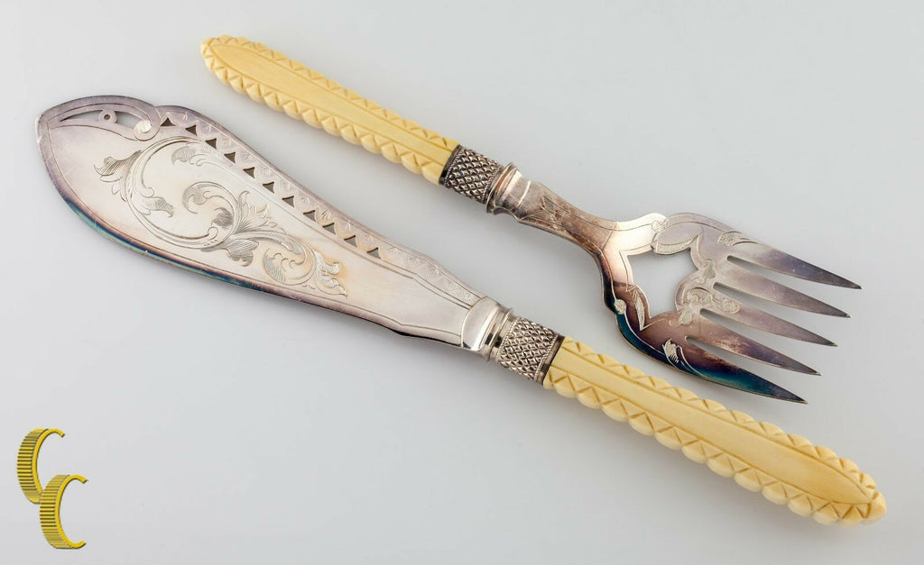 Vintage Fish Knife & Fork Serving Set Silver Plated w/ Tan Handles