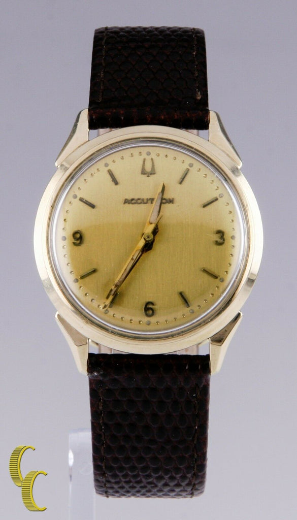 Vintage Men's Bulova Accutron Champagne Round Dial Brown Leather Band 34mm