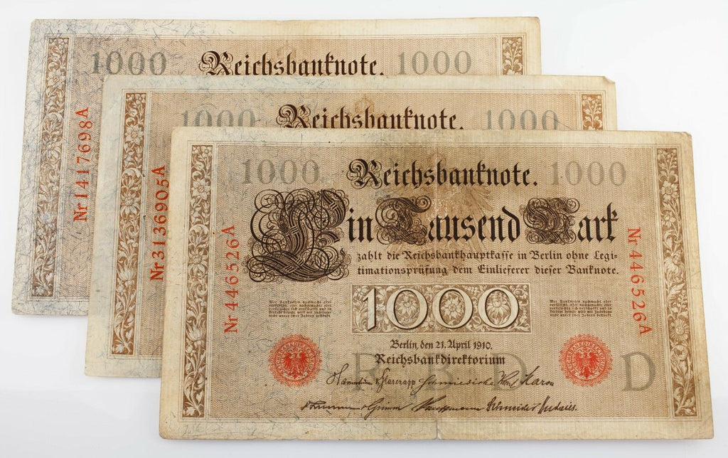 Lot of 3 1910 - 1918 German 1000 Deutchmark Notes Red Seal F-VF KM #44a, 44b