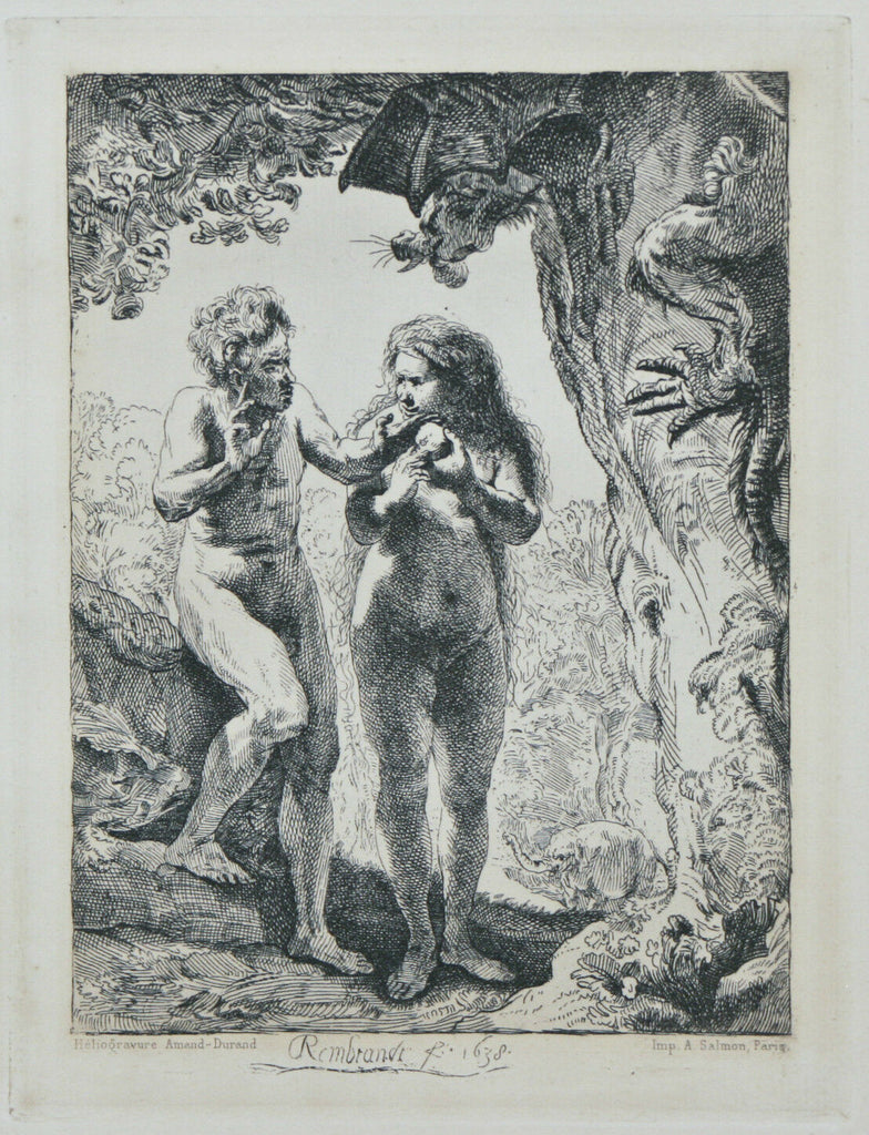 "Adam and Eve" By Rembrandt Restrike Etching by Amand Durand 6"x4 1/2"