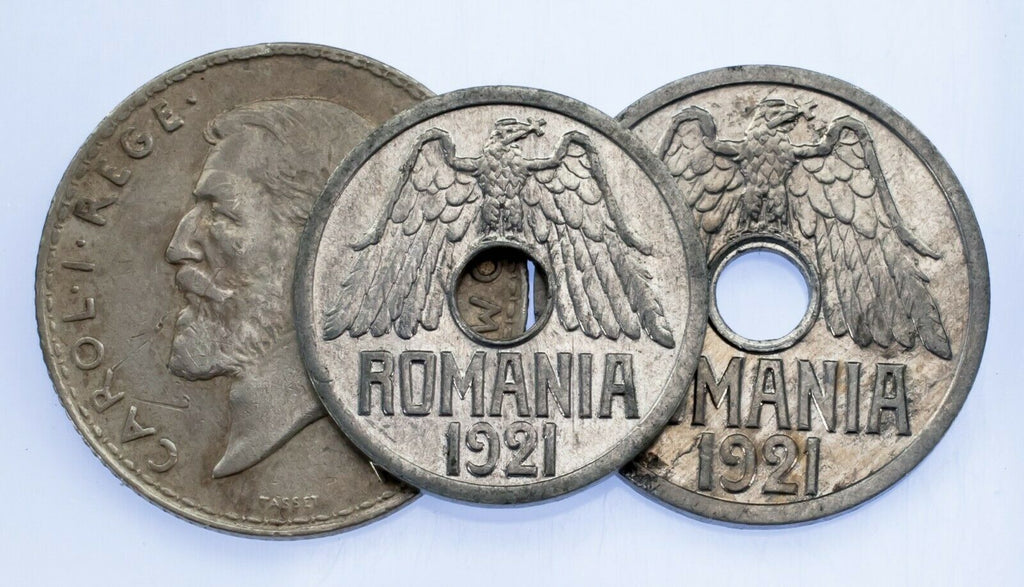 Romania 3-Coins Set // 1912 Silver Leu, 1921 25 Bani & 50 Bani