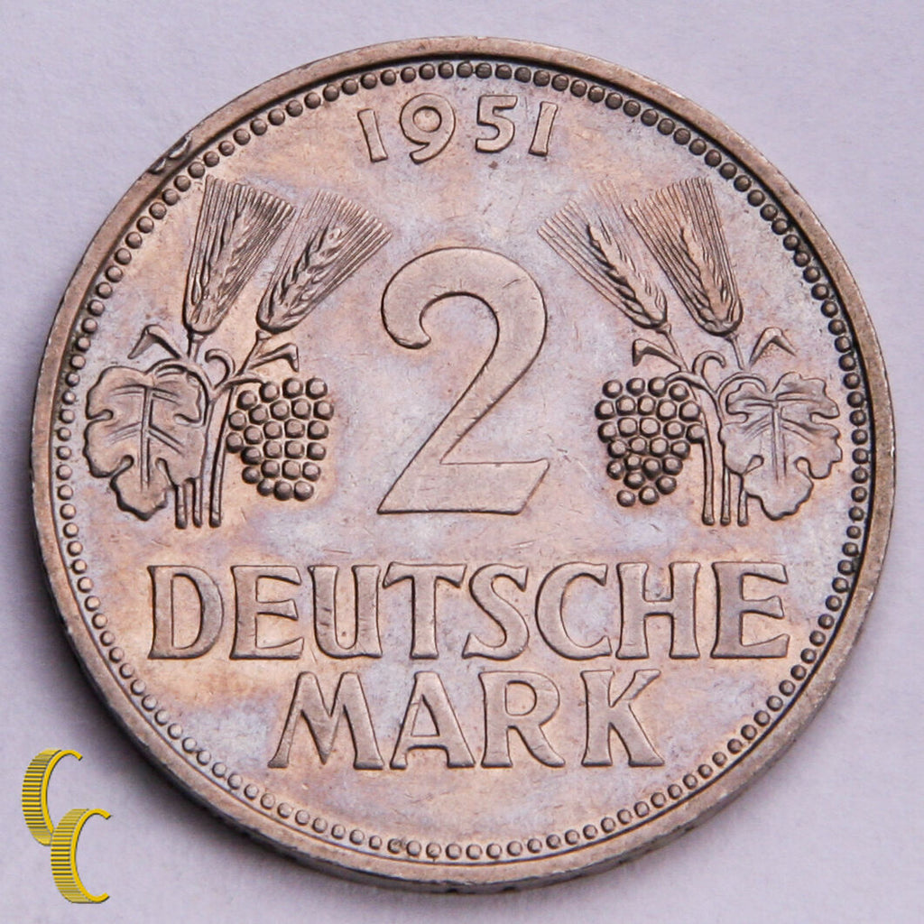1951-F Germany Deutsche 2 Mark 1 Year Issue (XF) Extra Fine Condition